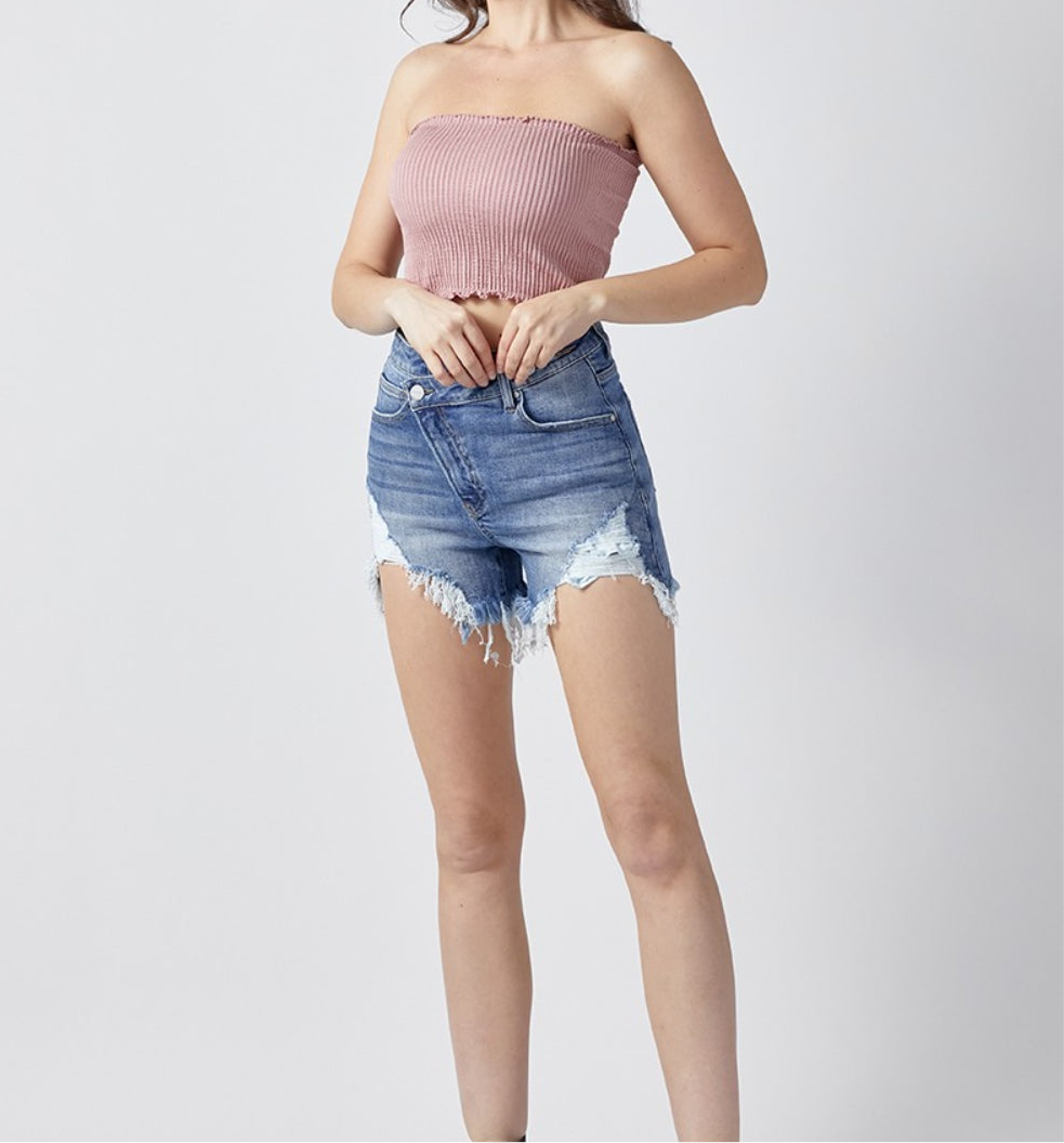 “The Riz”Raw Hem Asymmetrical Waist Denim Shorts