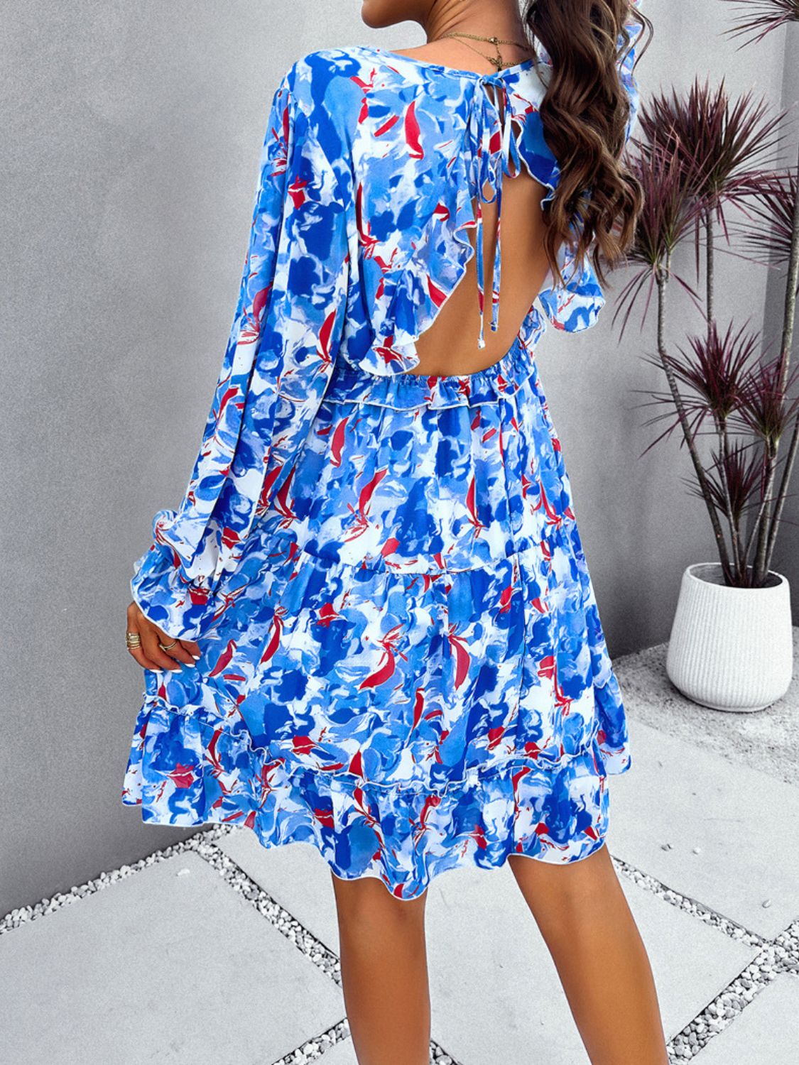 “The Artico” Backless Printed V-Neck Flounce Sleeve Dress