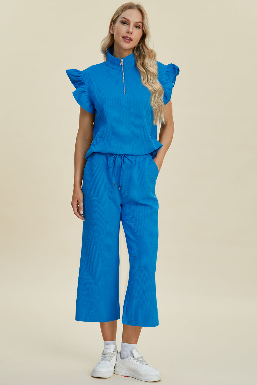 “The Ruffle Gang” Full Size Texture Ruffle Short Sleeve Top and Wide Leg Pants Set