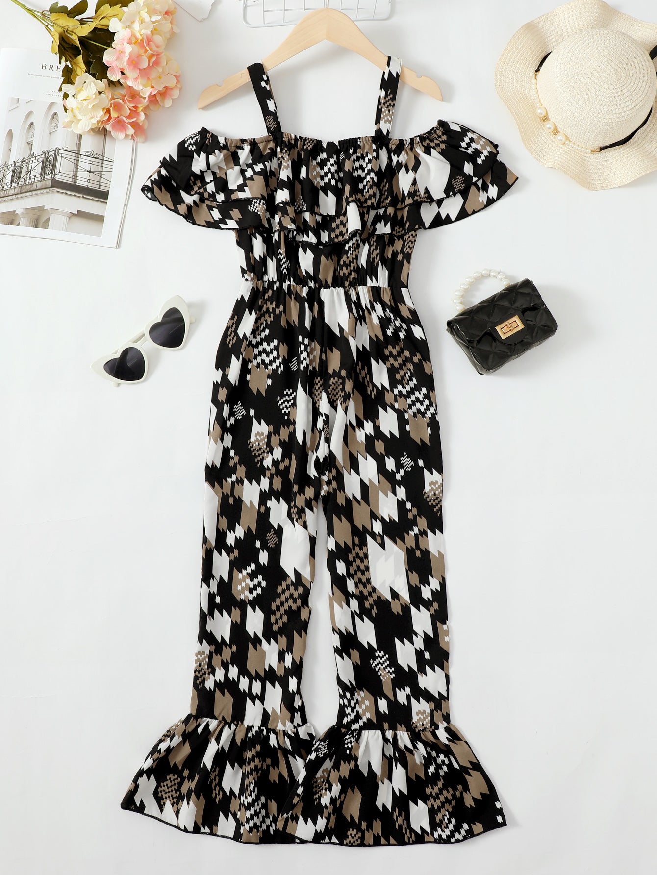 “The Nyla”Printed Cold-Shoulder Flare Leg Jumpsuit