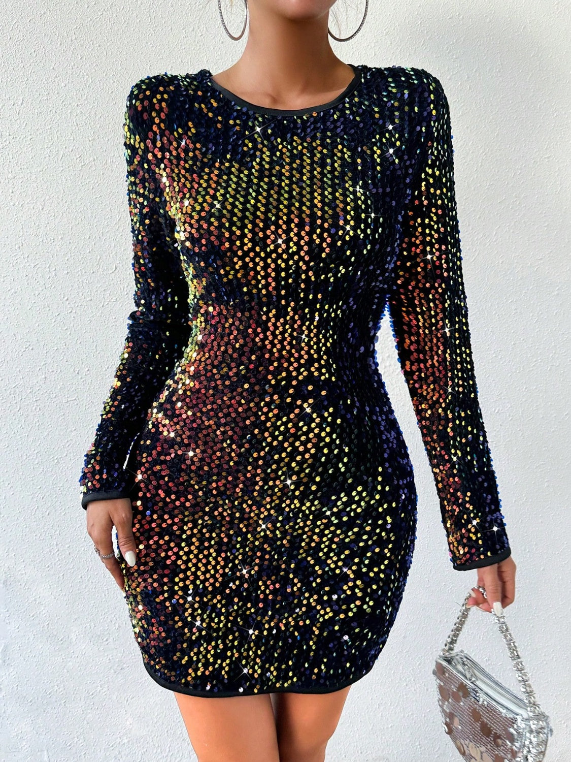 “The Trek” Sequin Round Neck Long Sleeve Mini Dress