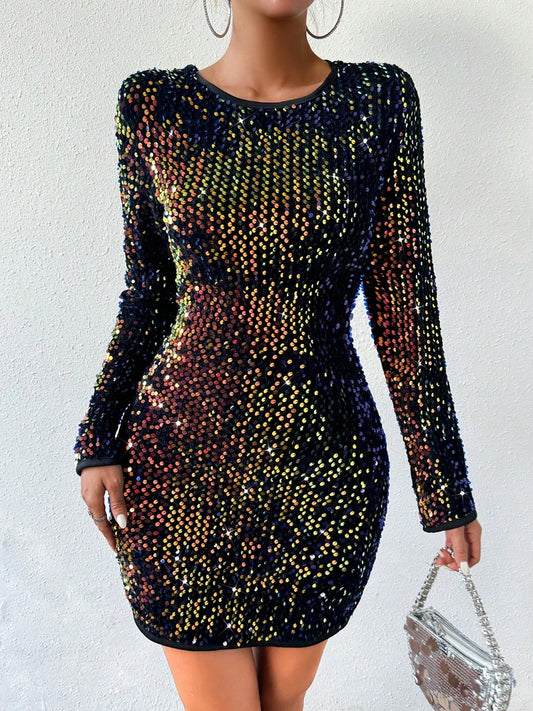 “The Trek” Sequin Round Neck Long Sleeve Mini Dress