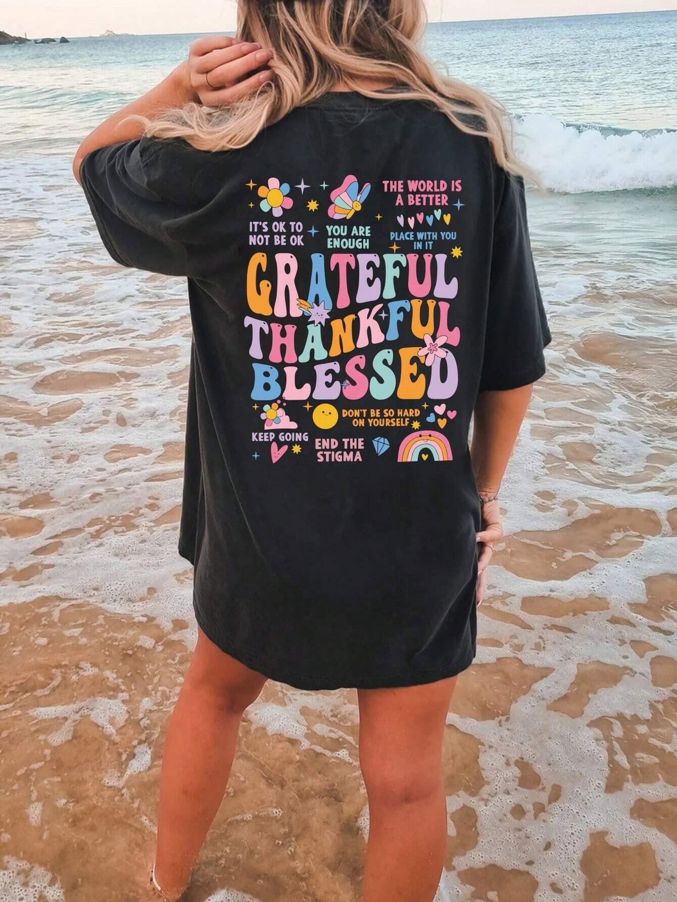 “The Grateful” Letter Graphic Round Neck Short Sleeve T-Shirt