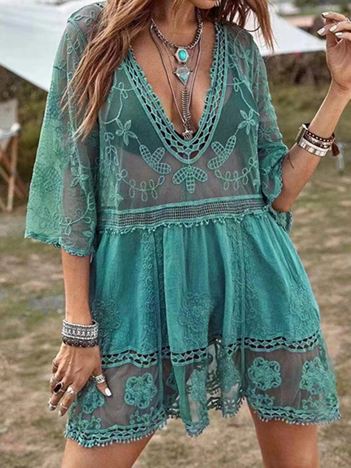 “The Slay & Play” Lace Detail Plunge Cover-Up Dress