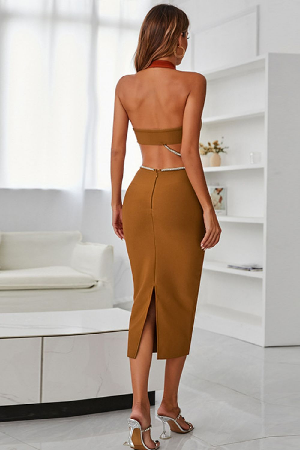 “The Remi” Rhinestone Halter Neck Cutout Slit Midi Dress