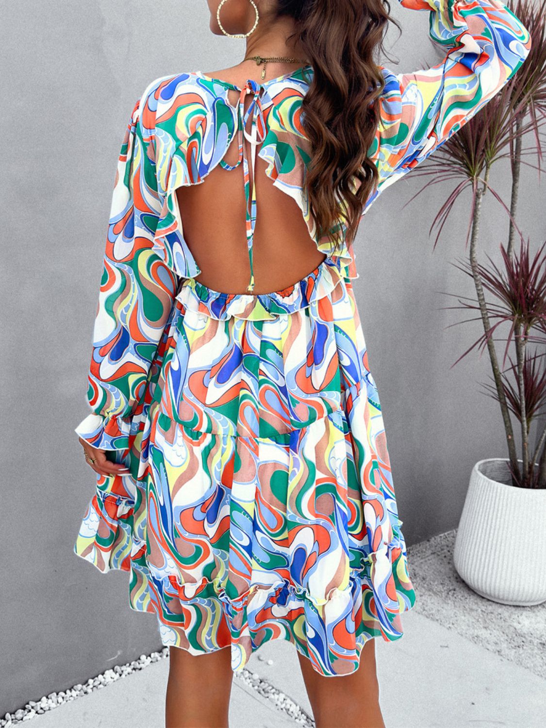 “The Artico” Backless Printed V-Neck Flounce Sleeve Dress