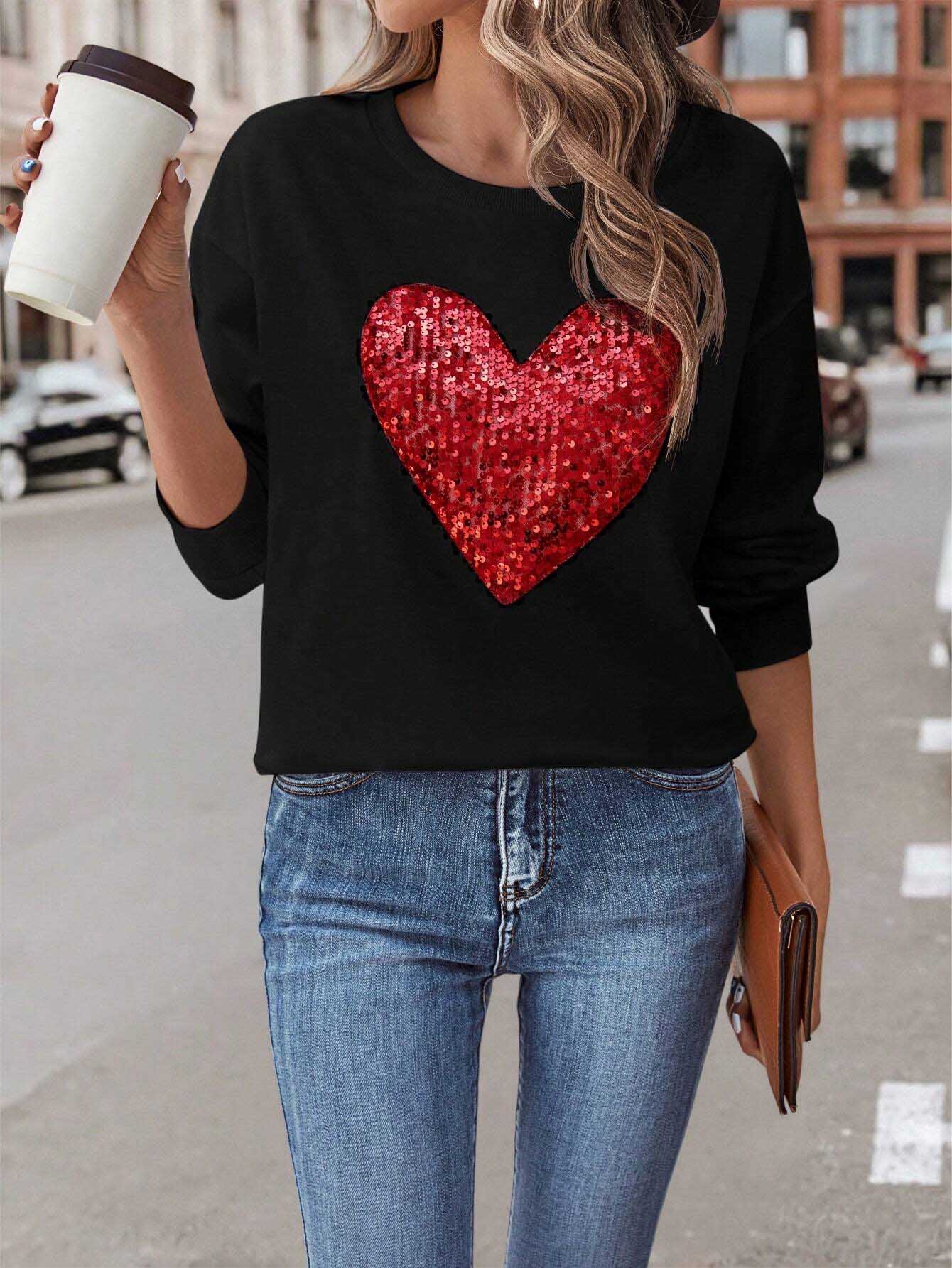 “The Ruby Heart” Sequin Heart Dropped Shoulder Sweatshirt