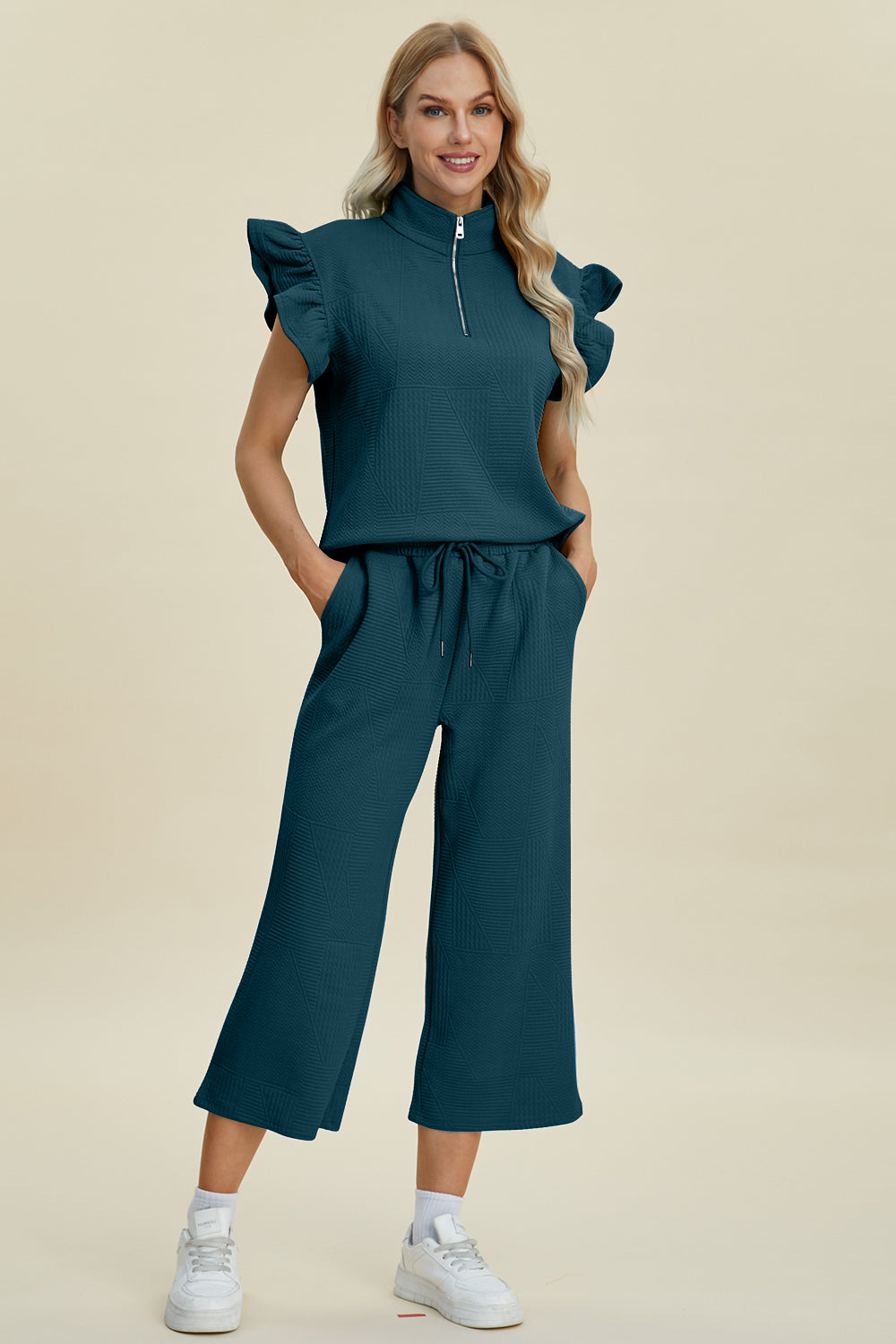 “The Ruffle Gang” Full Size Texture Ruffle Short Sleeve Top and Wide Leg Pants Set