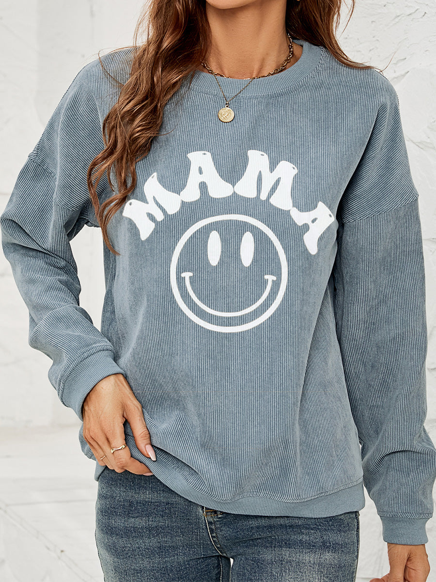 “The Happy MaMa” Round Neck Long Sleeve MAMA Graphic Sweatshirt