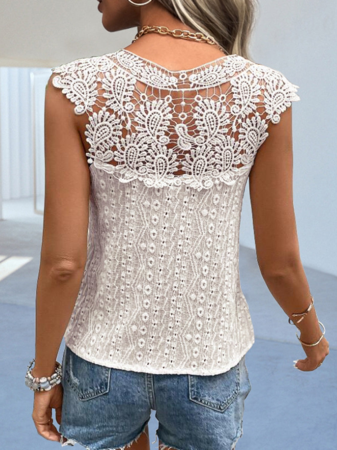 “The Great Lace” Cutout Lace Detail Notched Blouse