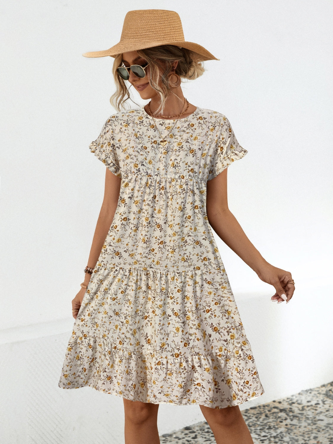 “The Flower Frill” Floral Round Neck Short Sleeve Tiered Dress