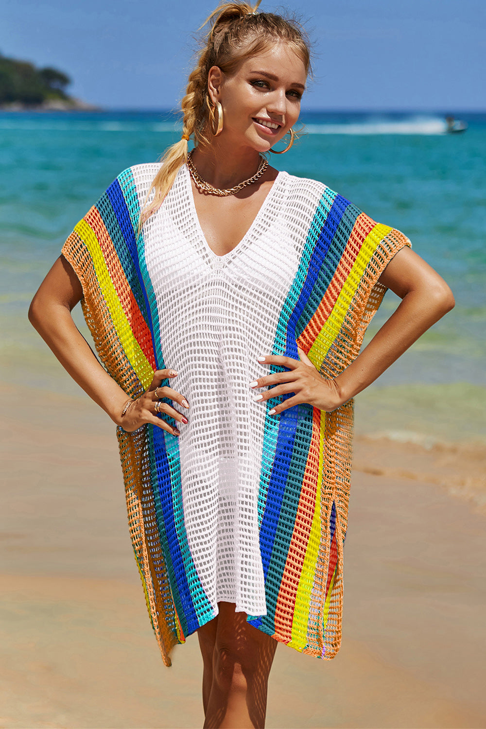 “The Cutie” Openwork Striped Slit Knit Cover Up