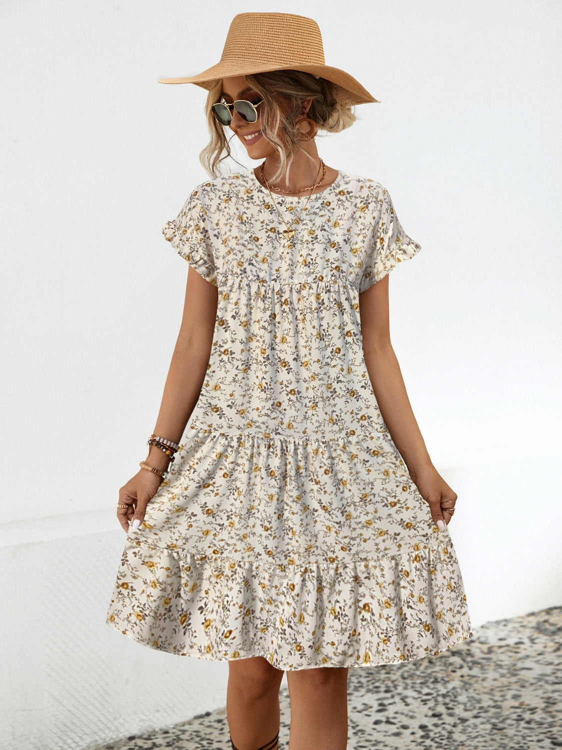 “The Flower Frill” Floral Round Neck Short Sleeve Tiered Dress