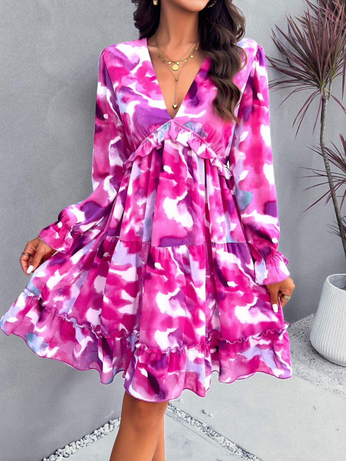 “The Artico” Backless Printed V-Neck Flounce Sleeve Dress