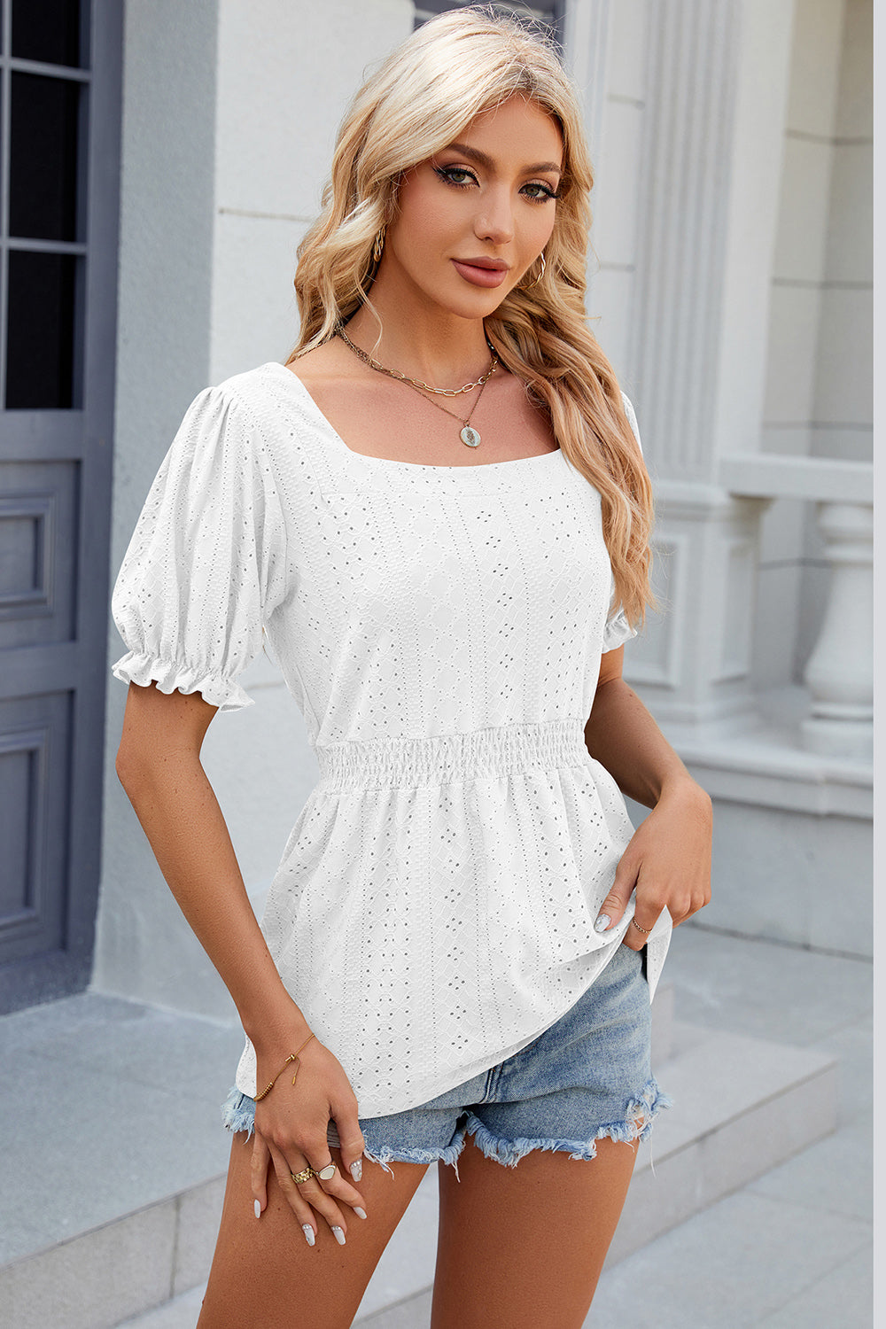 Eyelet Square Neck Short Sleeve T-Shirt