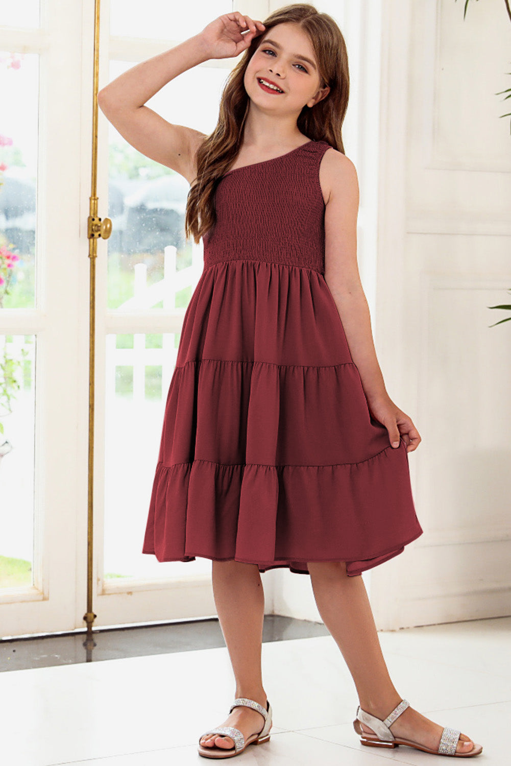 “The Kiddie Tea Time” One-Shoulder Sleeveless Tiered Dress