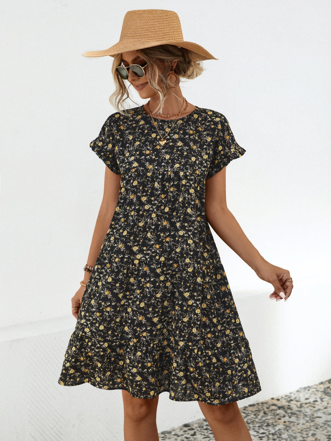 “The Flower Frill” Floral Round Neck Short Sleeve Tiered Dress