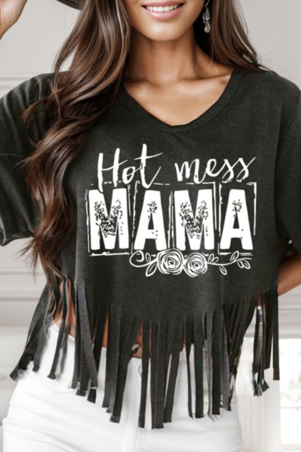 “The HOT MESS MAMA” Fringe Round Neck T-Shirt