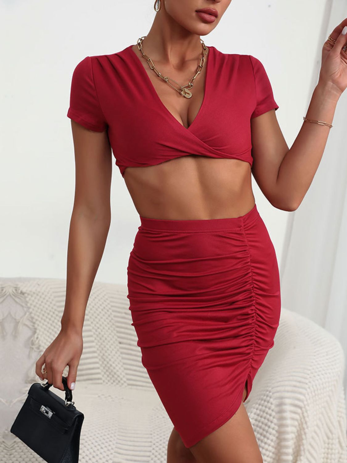 “The Time To Tango” Twisted Deep V Cropped Top and Ruched Skirt Set