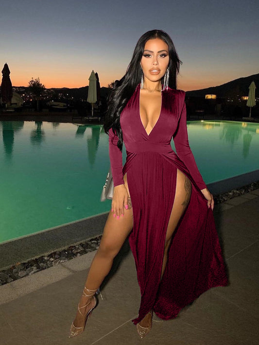 “The Quickie” Slit Plunge Long Sleeve Dress