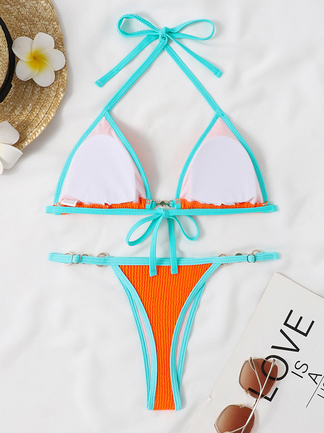 “The Dizzy” Textured Contrast Halter Neck Two-Piece Bikini Set