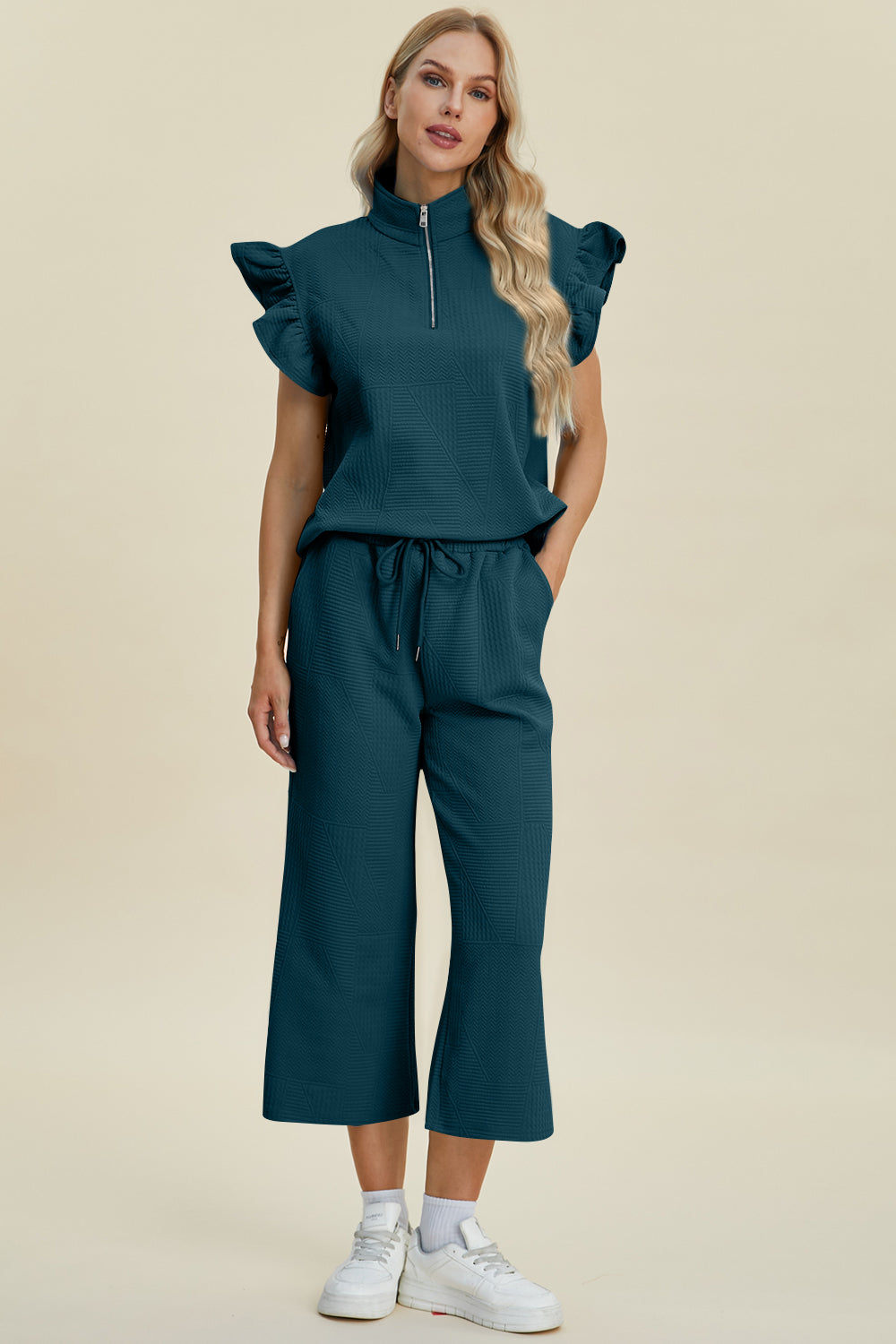 “The Ruffle Gang” Full Size Texture Ruffle Short Sleeve Top and Wide Leg Pants Set