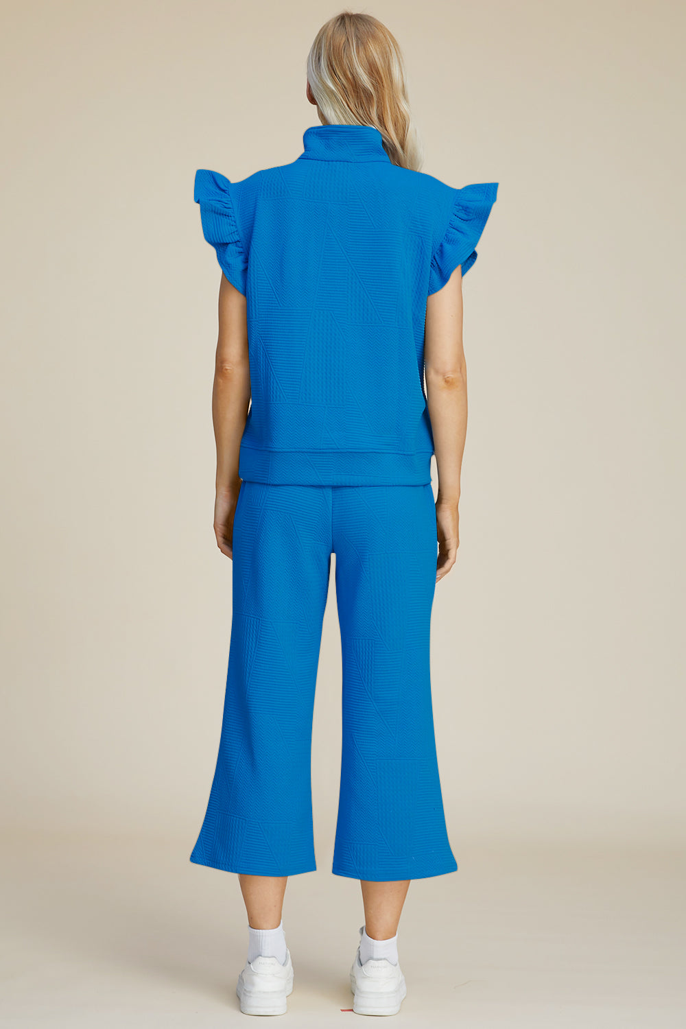 “The Ruffle Gang” Full Size Texture Ruffle Short Sleeve Top and Wide Leg Pants Set