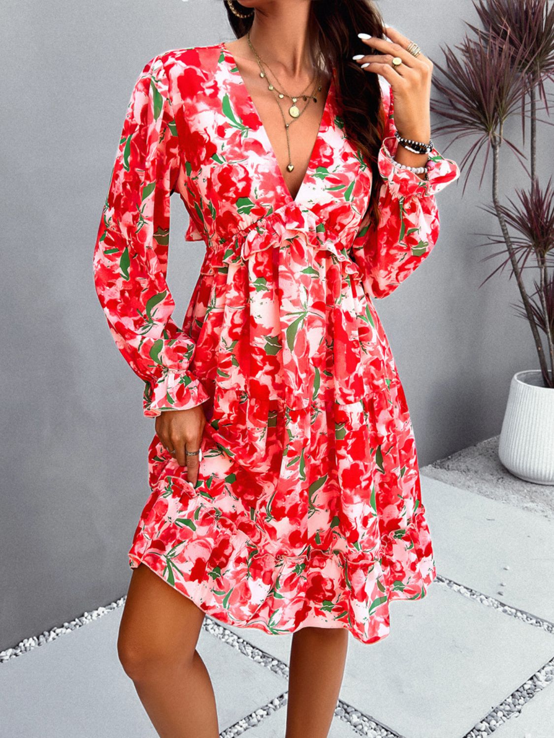 “The Artico” Backless Printed V-Neck Flounce Sleeve Dress