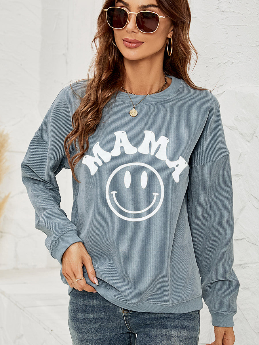 “The Happy MaMa” Round Neck Long Sleeve MAMA Graphic Sweatshirt