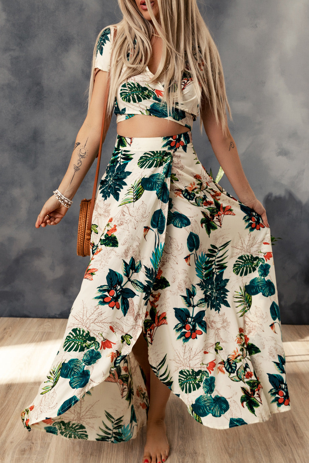 “The Resort Hottie” Tropical Print Crop Top and Maxi Skirt Set