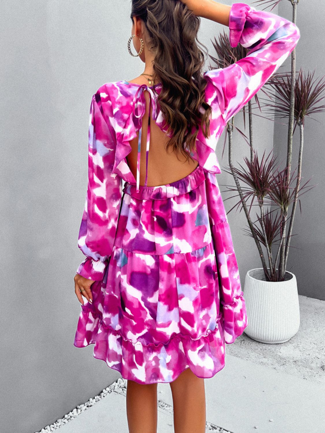 “The Artico” Backless Printed V-Neck Flounce Sleeve Dress