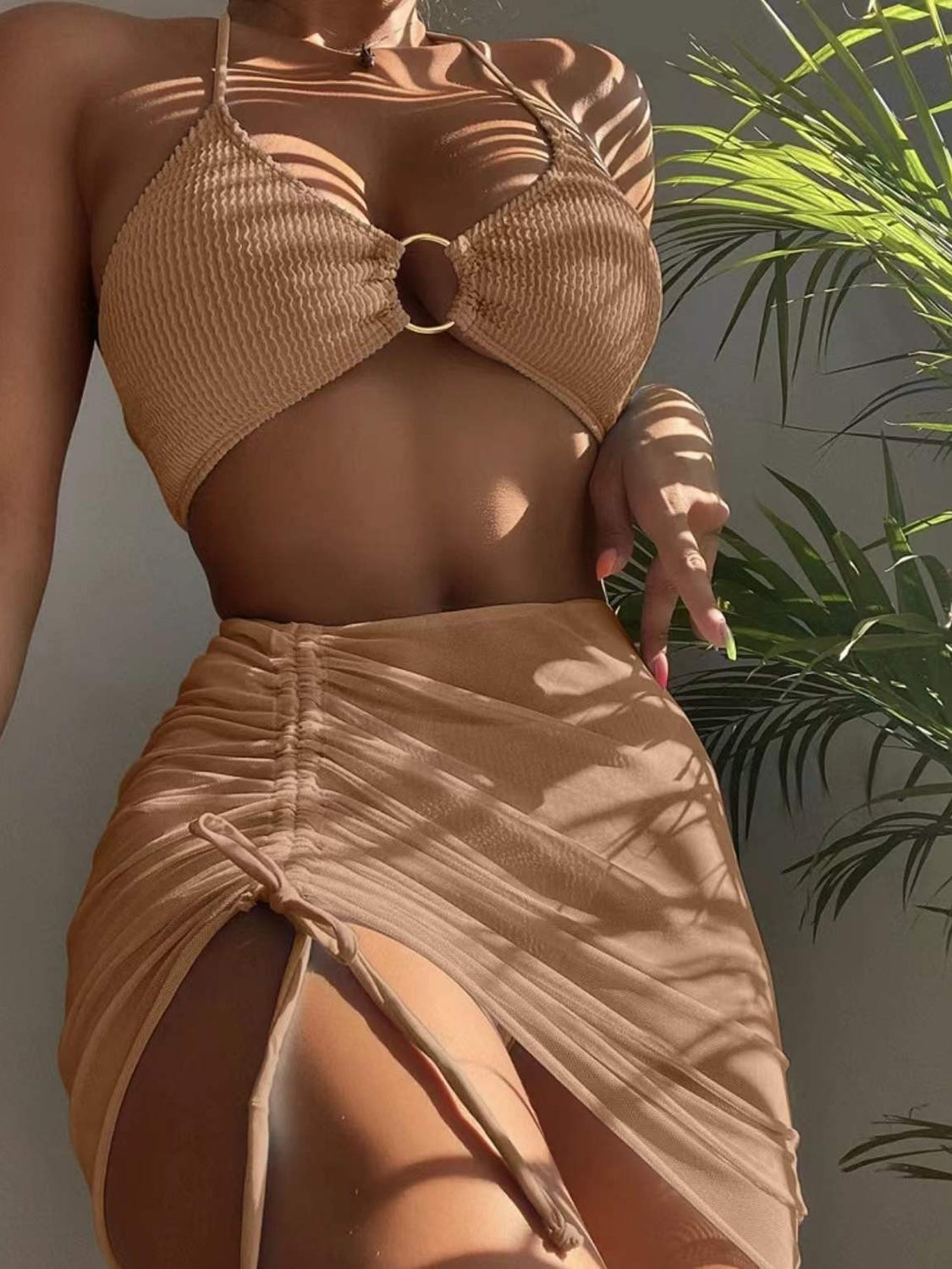 “The Too Ruched” Tied Halter Neck Three-Piece Swim Set