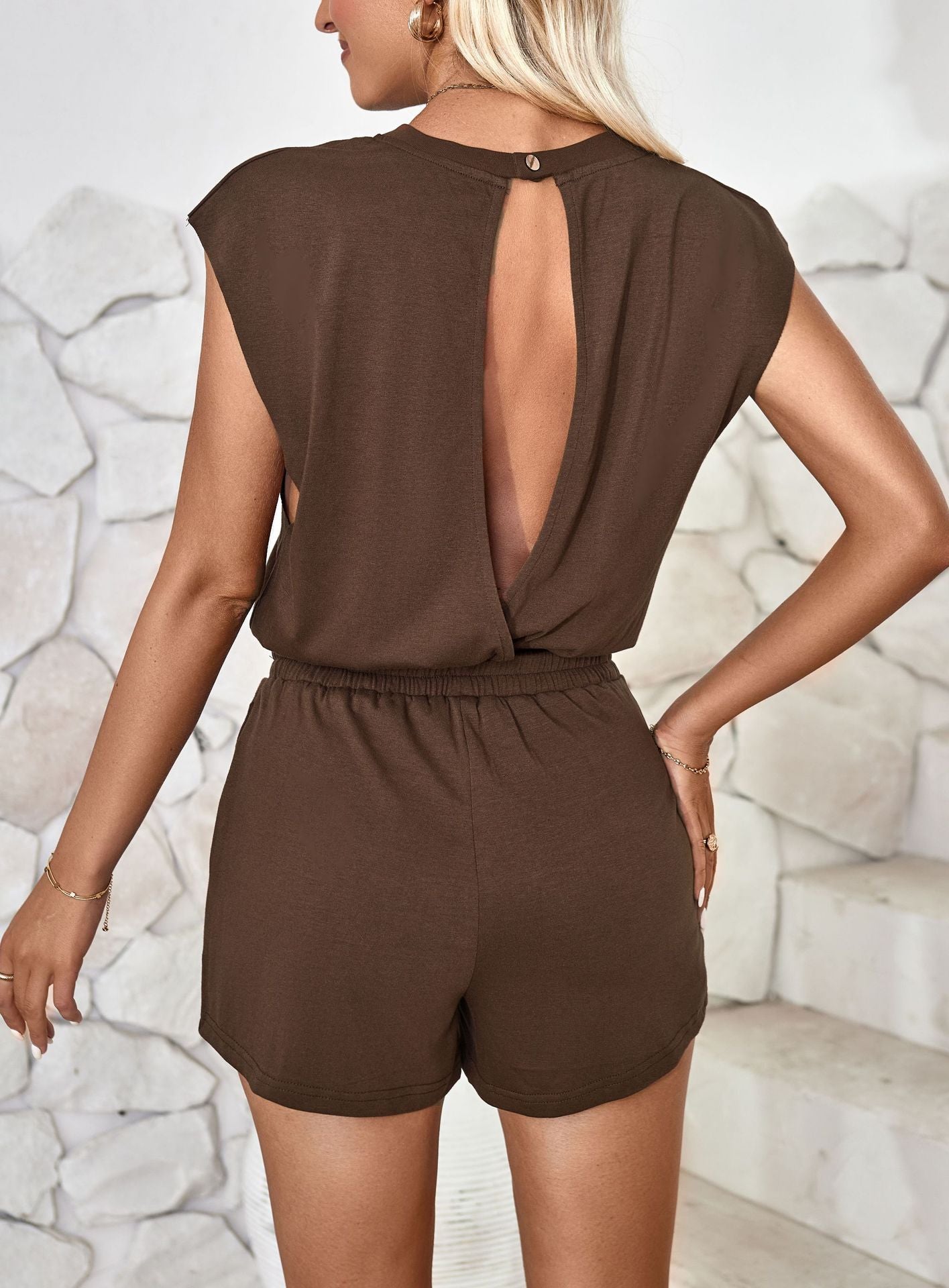 “The Run Around” Cutout Round Neck Cap Sleeve Romper