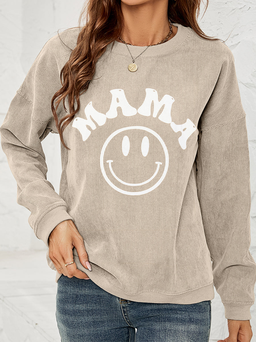 “The Happy MaMa” Round Neck Long Sleeve MAMA Graphic Sweatshirt