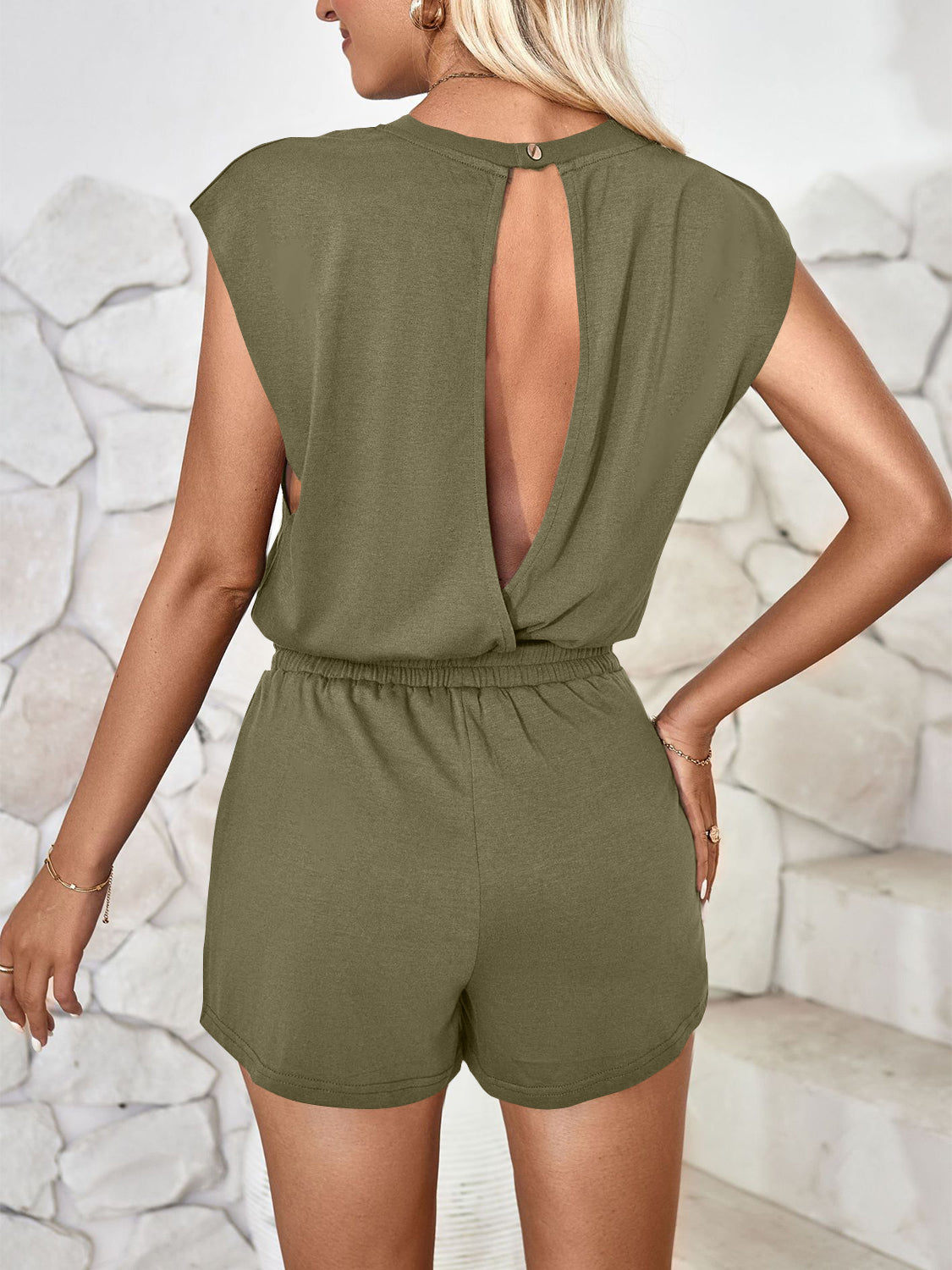 “The Run Around” Cutout Round Neck Cap Sleeve Romper