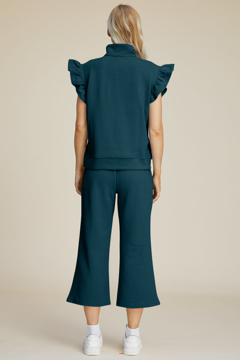 “The Ruffle Gang” Full Size Texture Ruffle Short Sleeve Top and Wide Leg Pants Set