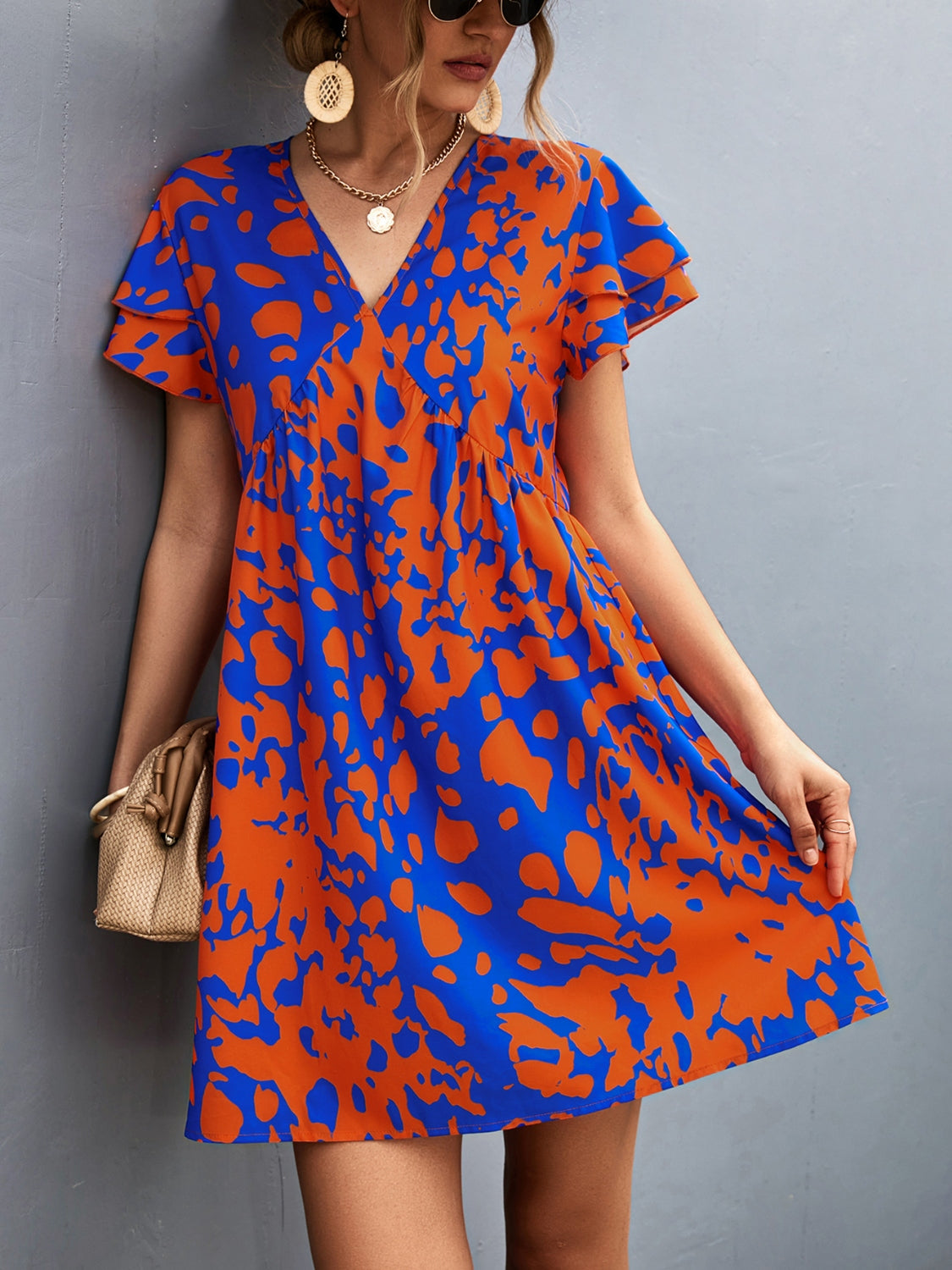 “The Protector” Ruffled Printed V-Neck Short Sleeve Mini Dress