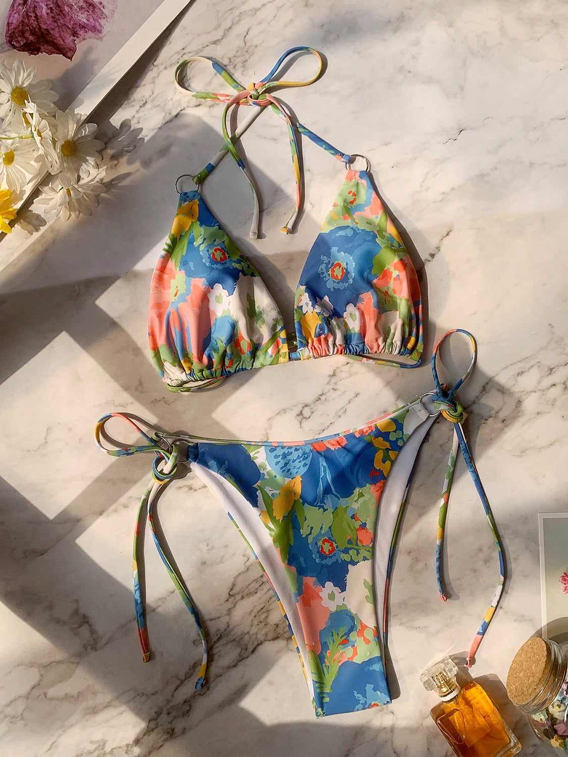 “The Watercolor” Tied Printed Three-Piece Swim Set