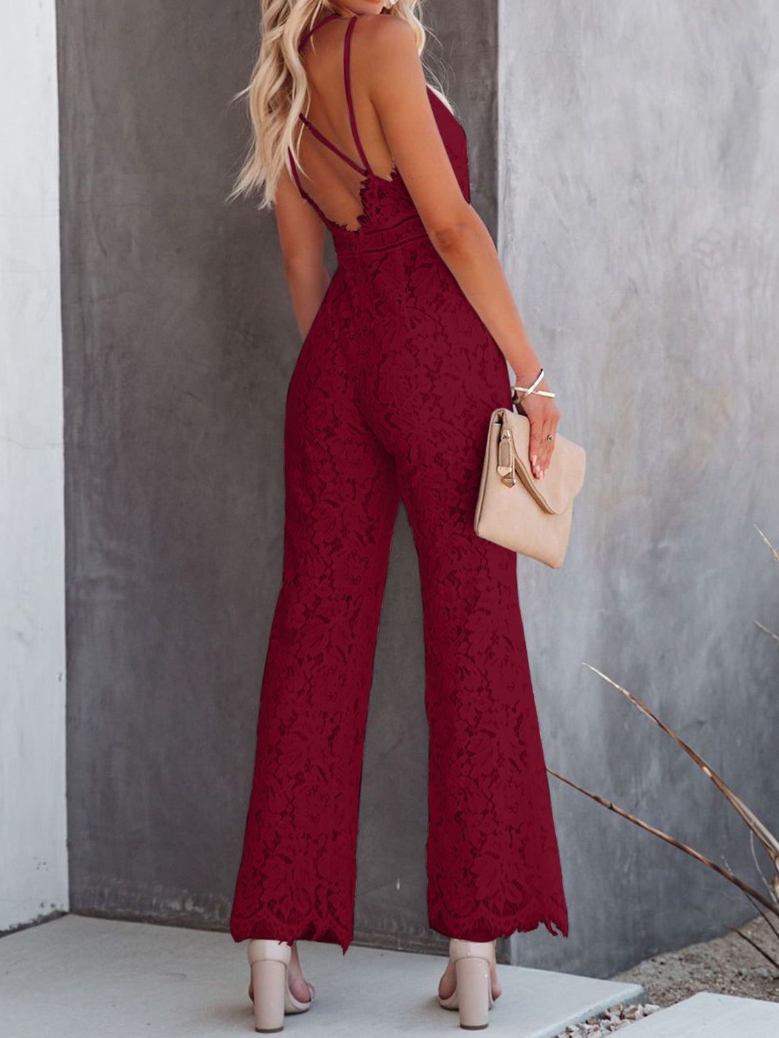 “The Detailed Deliberation” Lace V-Neck Spaghetti Strap Jumpsuit