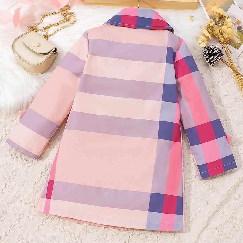 “Brickie Girl:Plaid Lapel Collar Long Sleeve Coat