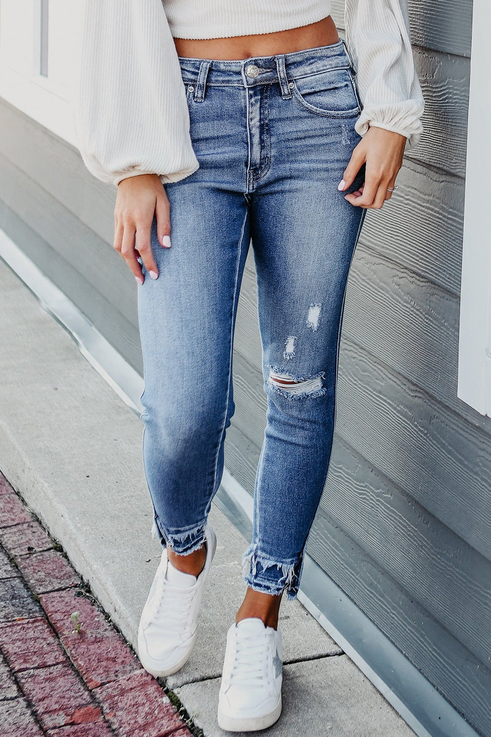 “The At The Docks” Raw Hem Distressed Jeans with Pockets