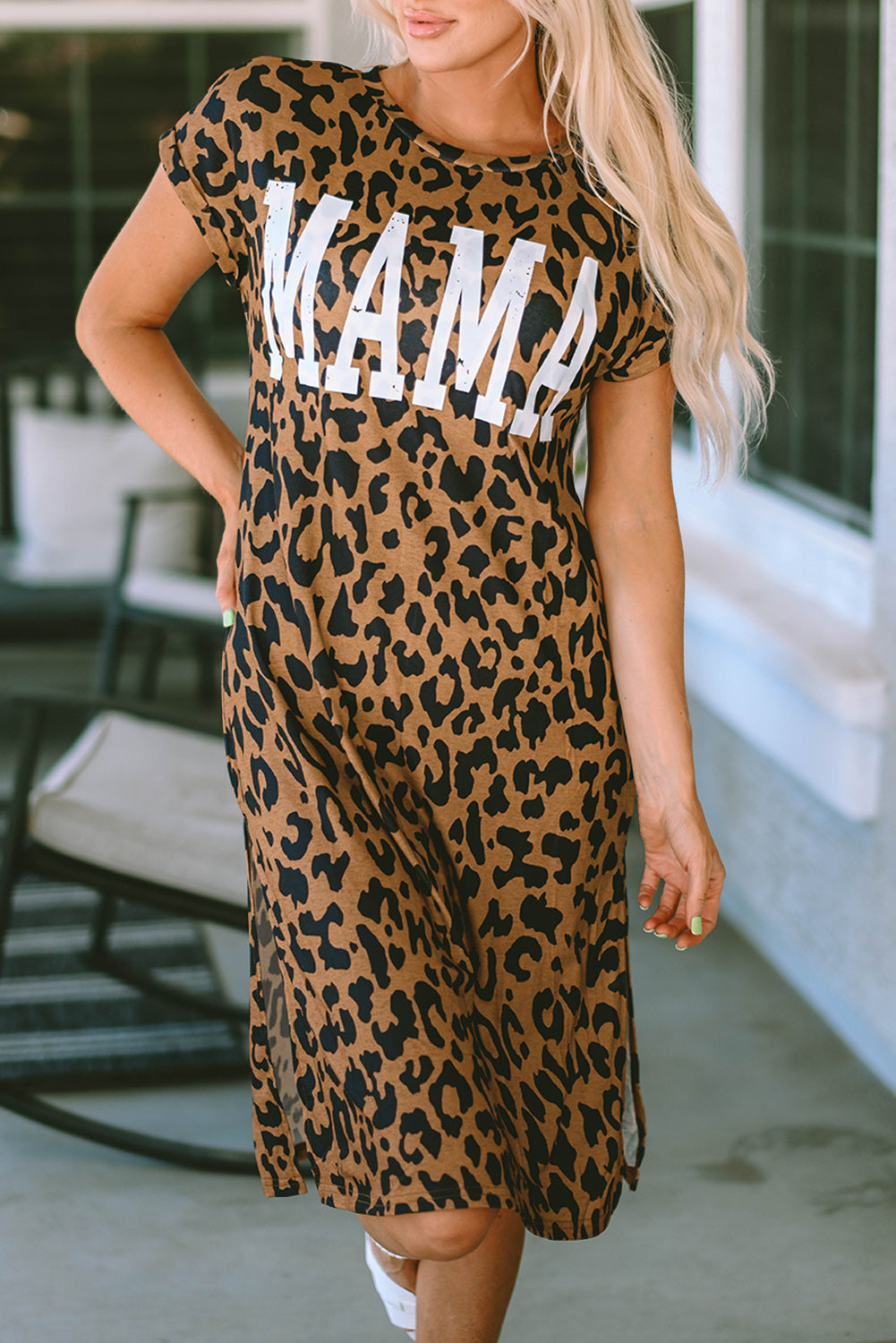 “The MAMA” Leopard Slit Short Sleeve Dress