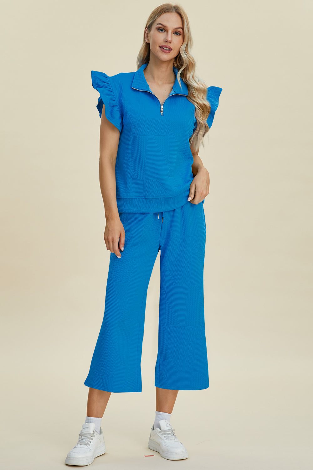 “The Ruffle Gang” Full Size Texture Ruffle Short Sleeve Top and Wide Leg Pants Set