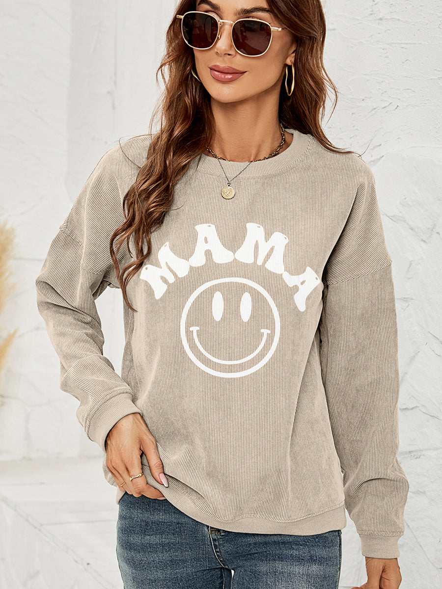 “The Happy MaMa” Round Neck Long Sleeve MAMA Graphic Sweatshirt