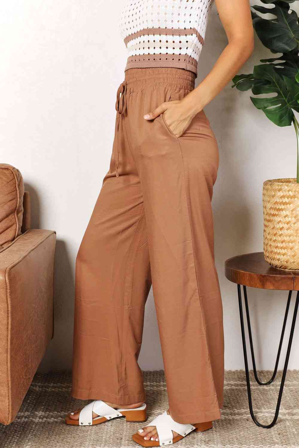 “The Super Double Take” Drawstring Smocked Waist Wide Leg Pants