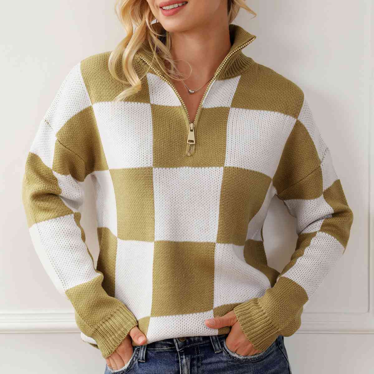 “The Chess Not Checkers” Checkered Half Zip Long Sleeve Sweater