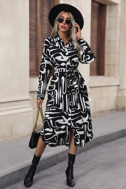 “The Timepiece” Printed Tie Front Collared Neck Slit Shirt Dress