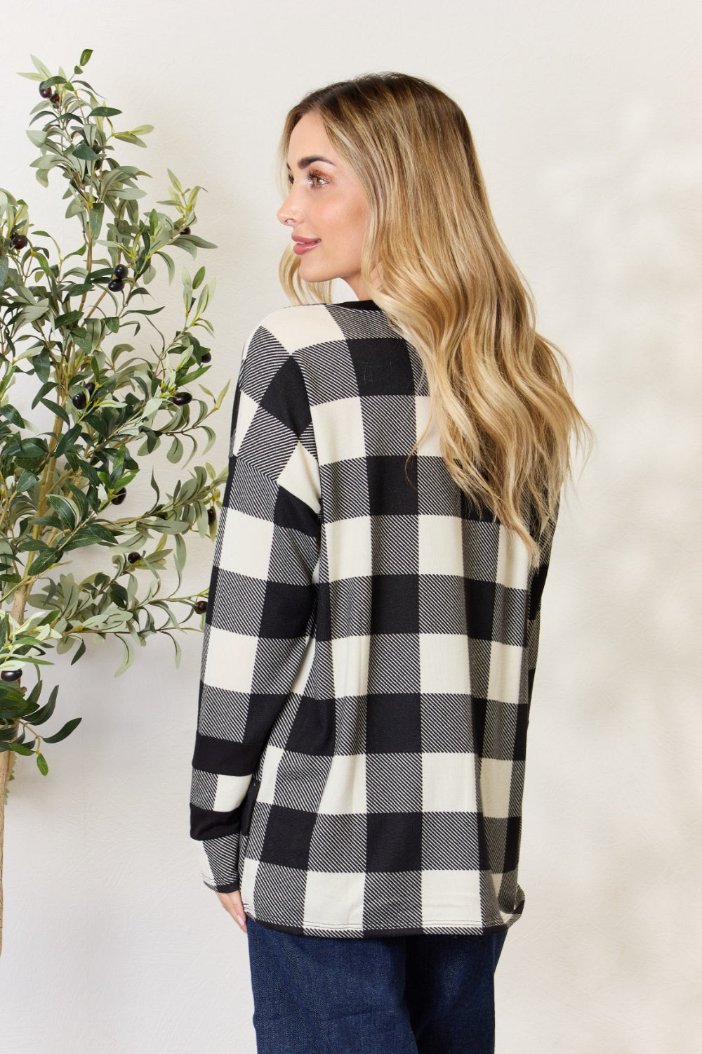 “The Checkered Celeste” Full Size Plaid Round Neck Long Sleeve T-Shirt