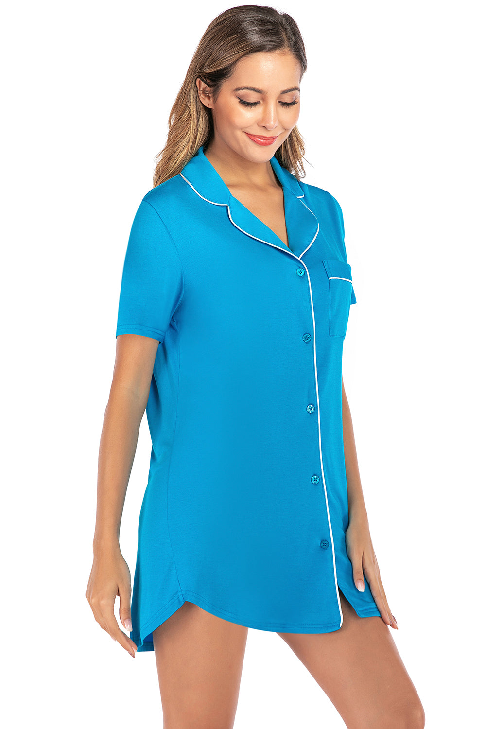 “The Sleep Instincts” Contrast Piping Pocketed Short Sleeve Lounge Dress