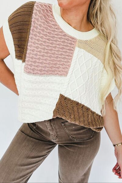 “The Concept”Color Block Cable-Knit Sweater Vest